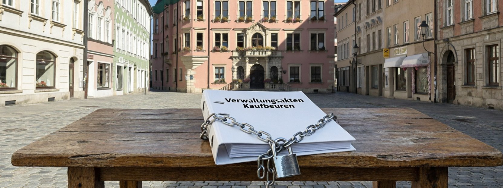 Rathaus Kaufbeuren — im Vordergrund Kette und Schloss als Symbol für fehlende Transparenz